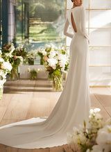 Elastic Satin Mermaid Fitted Wedding Dresses Long Sleeves Court Train-Ballbella