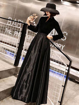 Eleagnt Black Evening Dresses Long V Neck Velvet Satin Patchwork Maxi Dresses-Ballbella
