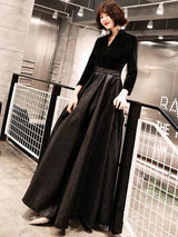 Eleagnt Black Evening Dresses Long V Neck Velvet Satin Patchwork Maxi Dresses-Ballbella