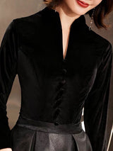 Eleagnt Black Evening Dresses Long V Neck Velvet Satin Patchwork Maxi Dresses-Ballbella