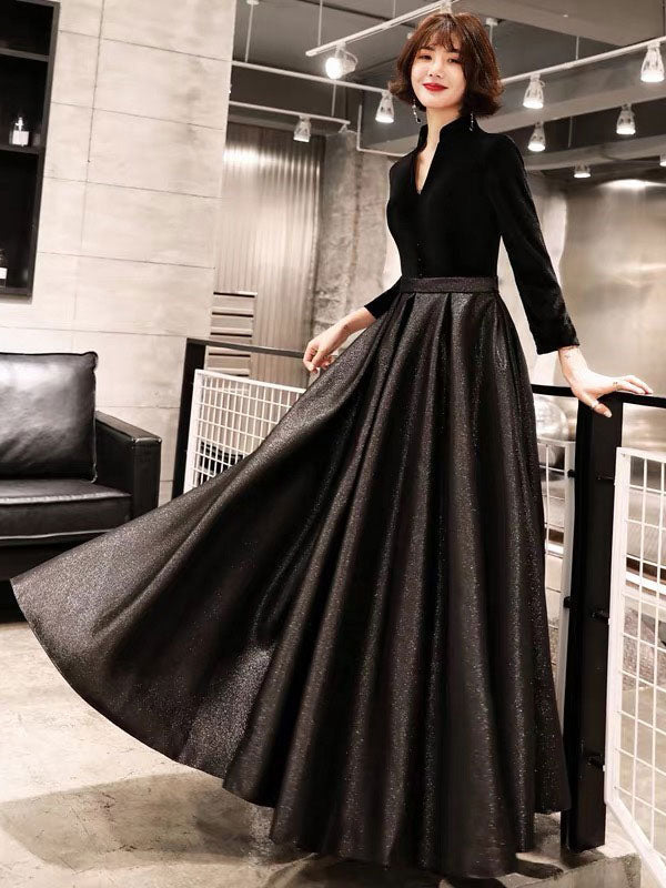 Eleagnt Black Evening Dresses Long V Neck Velvet Satin Patchwork