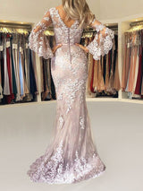 Eleagnt Evening Dress Mermaid V Neck Long Sleeves Zipper Lace Satin Fabric Formal Party Dresses With Train-Ballbella