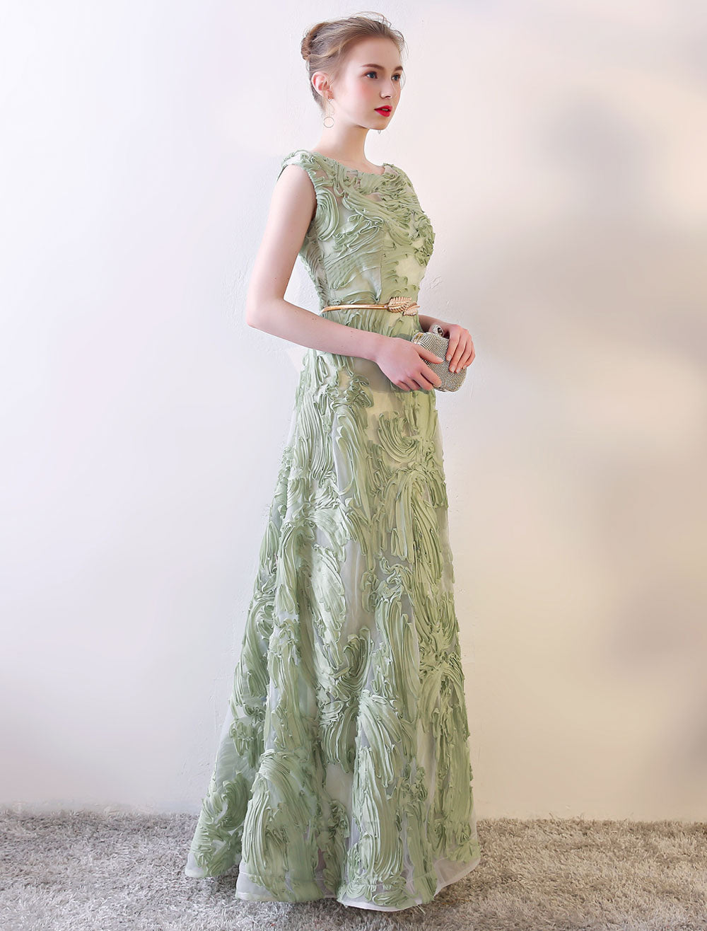 Eleagnt Evening Dresses Long Dusty Sage Embossment Fabric Texture