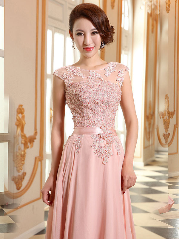 Eleagnt Evening Dresses Soft Pink Lace Applique Evening Dresses Chiffon Sleeveless Sash Floor Length Formal Gowns Eleagnt Evening Dresses Soft Pink Lace Applique Evening Dresses Chiffon Sleeveless Sash Floor Length Formal Gowns
