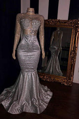 Elegant Appliques Sheer Tulle Prom Dresses Sliver Long Sleevess Mermaid Evening Gowns-Ballbella