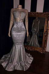 Elegant Appliques Sheer Tulle Prom Dresses Sliver Long Sleevess Mermaid Evening Gowns-Ballbella