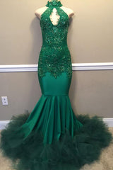 Elegant Beads Appliques Halter Prom Dresses Fit and Flare Sleeveless Tulle Evening Gowns-Ballbella