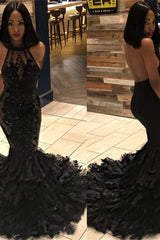Elegant Black Mermaid Halter Sleeveless Open Back Applique Prom Dresses-Ballbella