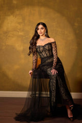 Elegant Black Off-The-Shoulder Long Sleeves Lace Tulle Prom Dresses Column With Zipper-Ballbella