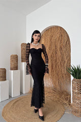 Elegant Black Sweetheart Long Sleeves Mermaid Prom Dresses Lace Column With Zipper-Ballbella