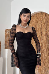 Elegant Black Sweetheart Long Sleeves Mermaid Prom Dresses Lace Column With Zipper-Ballbella