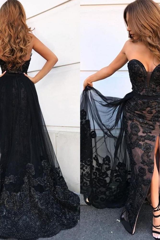 Elegant Black Sweetheart Prom Dresses On Sale Shining Beaded Side Slit Overskirt Evening Dress Elegant Black Sweetheart Prom Dresses On Sale Shining Beaded Side Slit Overskirt Evening Dress