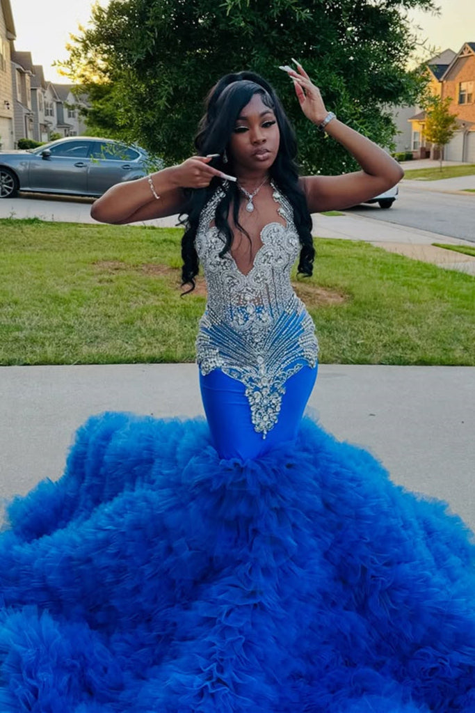 Elegant Blue Ruffles Mermaid Fit and Flare Silver Beaded Prom Dresses – Ballbella