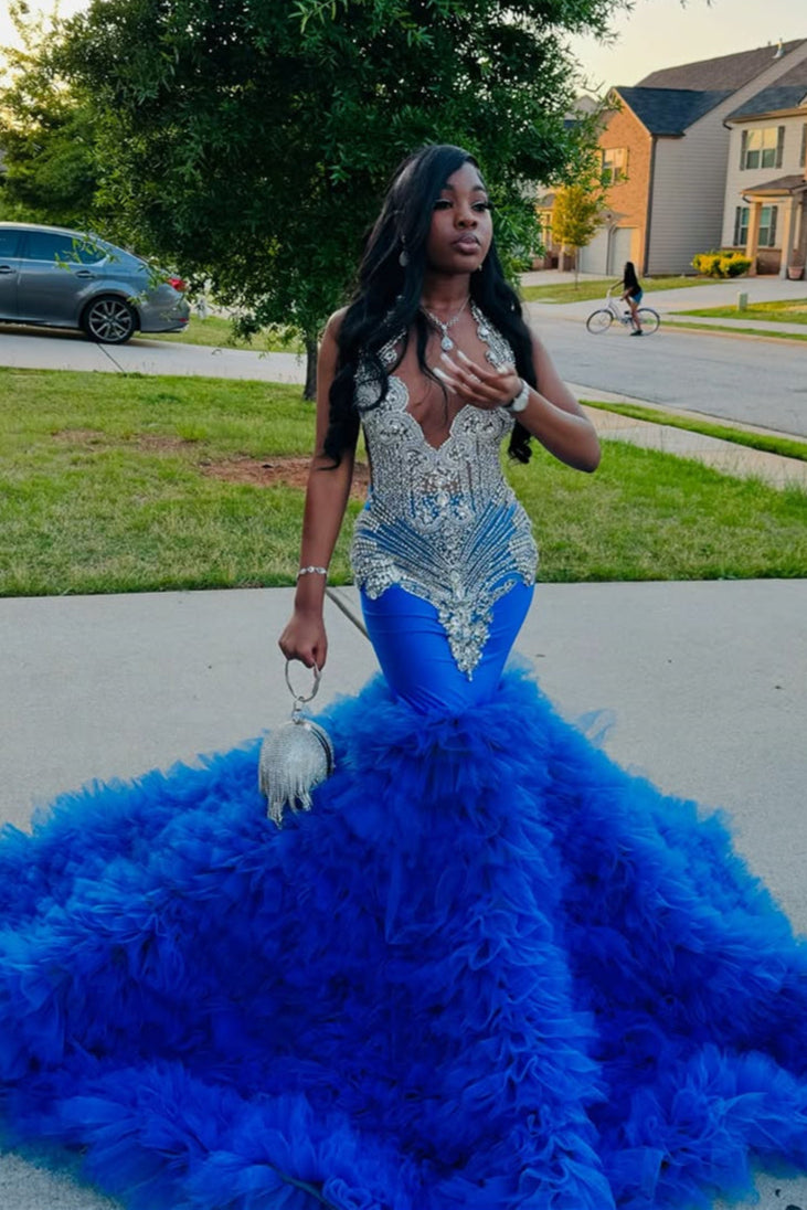 Elegant Blue Ruffles Mermaid Fit and Flare Silver Beaded Prom Dresses