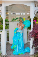 Elegant Blue Silver Sequined Feathers Mermaid Long Prom Dresses-Ballbella