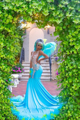 Elegant Blue Silver Sequined Feathers Mermaid Long Prom Dresses-Ballbella