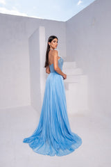 Elegant Blue Strapless Sleeveless Prom Dresses Long A-Line Gem With Zipper-Ballbella