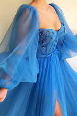 Elegant Blue Tulle Long Sleeves Prom Dress Sweetheart Long Beaded With Slit-Ballbella