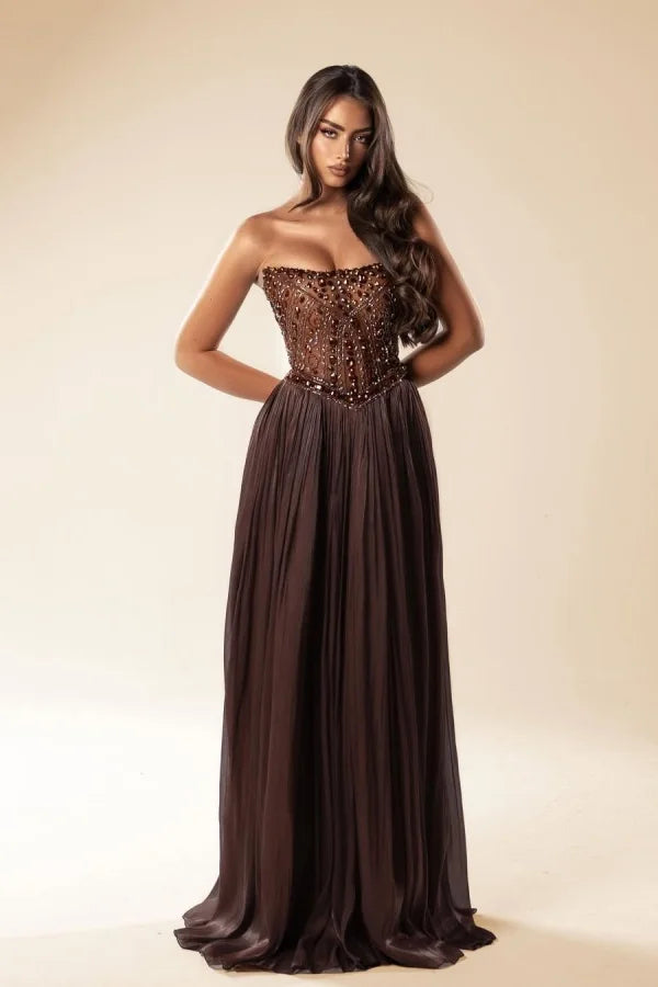 Elegant Brown Strapless Sleeveless A-Line Prom Dresses Gem Long With Pleats Elegant Brown Strapless Sleeveless A-Line Prom Dresses Gem Long With Pleats