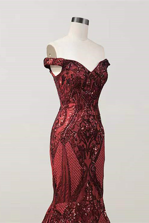 Elegant Burgundy Off-the-shoulder Mermaid Prom Dresses Elegant Burgundy Off-the-shoulder Mermaid Prom Dresses
