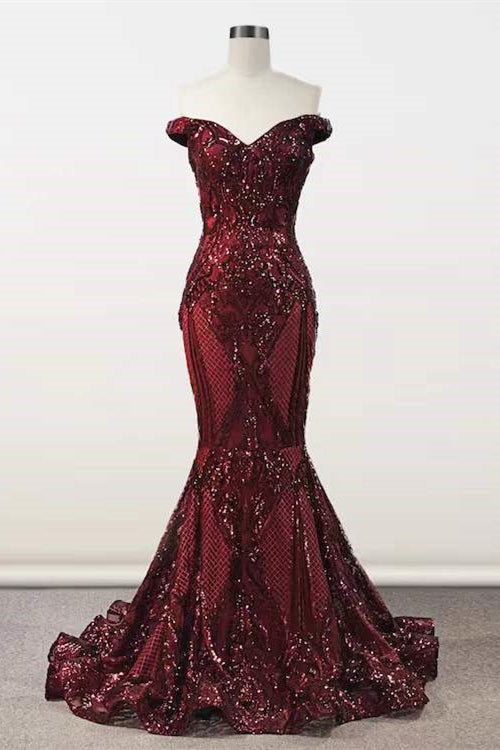 Elegant Burgundy Off-the-shoulder Mermaid Prom Dresses Elegant Burgundy Off-the-shoulder Mermaid Prom Dresses
