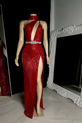 Elegant Burgundy One Shoulder Sleeveless Sequins Prom Dresses Mermaid Sheath With Zipper-Ballbella