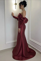 Elegant Burgundy Strapless Satin Mermaid Prom Dress Column Detachable Sleeves With Zipper-Ballbella