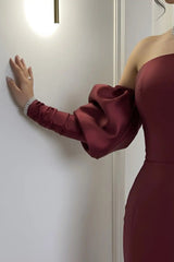 Elegant Burgundy Strapless Satin Mermaid Prom Dress Column Detachable Sleeves With Zipper-Ballbella