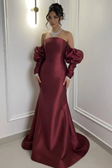Elegant Burgundy Strapless Satin Mermaid Prom Dress Column Detachable Sleeves With Zipper-Ballbella