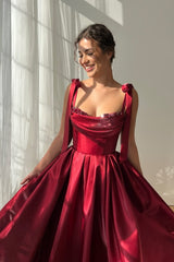 Elegant Burgundy Straps Sleeveless Satin Prom Dresses A-Line Ankle Length With Beads-Ballbella