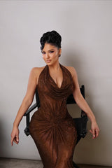 Elegant Chocolate Halter Sleeveless Mermaid Prom Dress V-Neck Sheath With Pleats-Ballbella