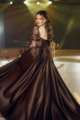 Elegant Chocolate Sweetheart Hi-Lo Satin Lace Prom Dress Long Sleeves With Lace-Up Back-Ballbella
