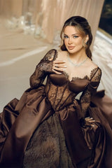 Elegant Chocolate Sweetheart Hi-Lo Satin Lace Prom Dress Long Sleeves With Lace-Up Back-Ballbella