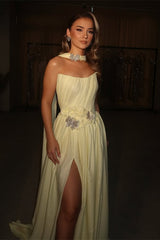 Elegant Daffodil Strapless Chiffon Floor Length Prom Dresses High Slit With Beads-Ballbella