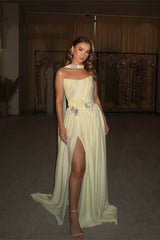 Elegant Daffodil Strapless Chiffon Floor Length Prom Dresses High Slit With Beads-Ballbella