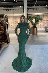Elegant Dark Green High Collar Long Sleeves Mermaid Prom Dresses Column With Gem-Ballbella
