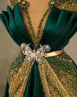Elegant Dark Green V-neck Luxury Beaded Mermaid Court Train Prom Dresses-Ballbella