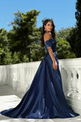 Elegant Dark Navy Off-The-Shoulder Satin Prom Dresses A-Line High Split Beads With Lace-Up Back-Ballbella