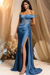 Elegant Dusty Blue Off-The-Shoulder Satin Mermaid Prom Dresses Beads Side Split With Ruffle-Ballbella