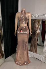 Elegant Halter Sleeveless Mermaid Prom Dresses Column Side Split With Zipper-Ballbella