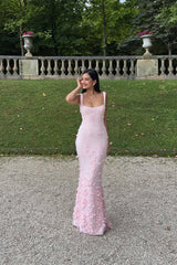 Elegant Heavenly Pink Square Straps Mermaid Prom Dresses Sleeveless With Flower Beads-Ballbella