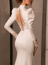 Elegant High Neck Long Sleeves Lace Back Wedding Dresses-Ballbella