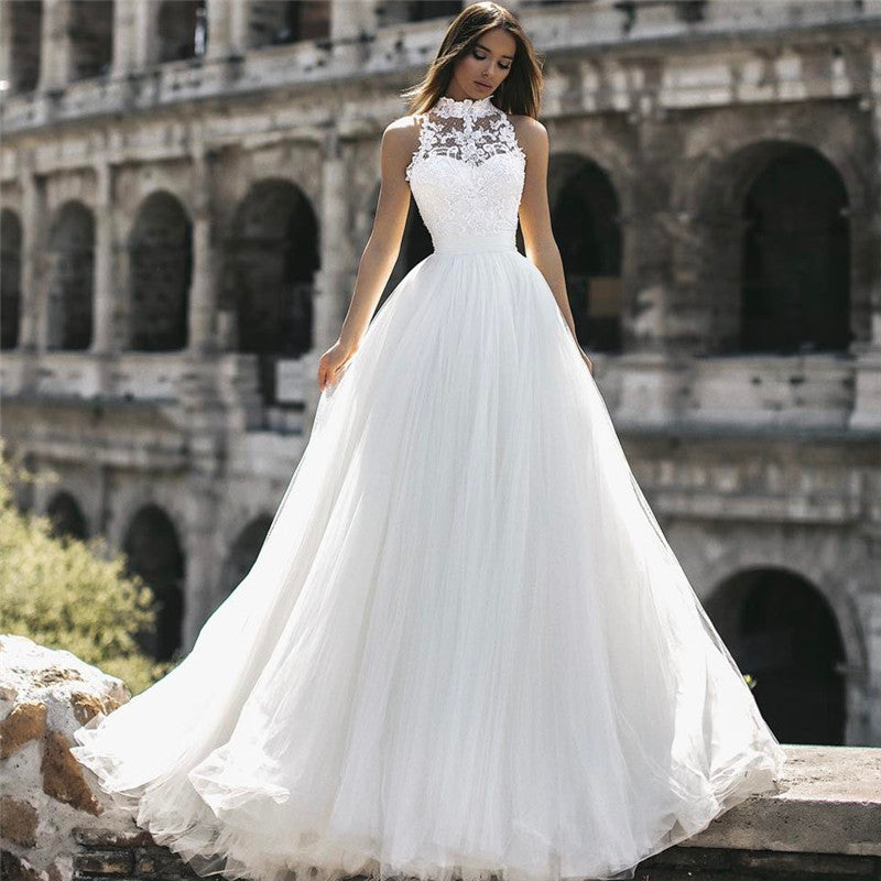 Elegant High Neck Sleeveless Appliques A-Line Floor-Length Wedding Dresses Elegant High Neck Sleeveless Appliques A-Line Floor-Length Wedding Dresses
