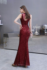 Elegant Illusion neck Burgundy Sleeveless Mermaid Prom Party Gowns-Ballbella