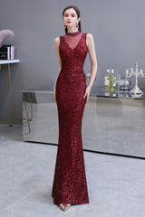 Elegant Illusion neck Burgundy Sleeveless Mermaid Prom Party Gowns-Ballbella