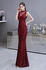 Elegant Illusion neck Burgundy Sleeveless Mermaid Prom Party Gowns-Ballbella