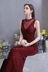 Elegant Illusion neck Burgundy Sleeveless Mermaid Prom Party Gowns-Ballbella