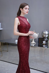 Elegant Illusion neck Burgundy Sleeveless Mermaid Prom Party Gowns-Ballbella