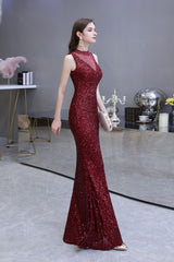 Elegant Illusion neck Burgundy Sleeveless Mermaid Prom Party Gowns-Ballbella