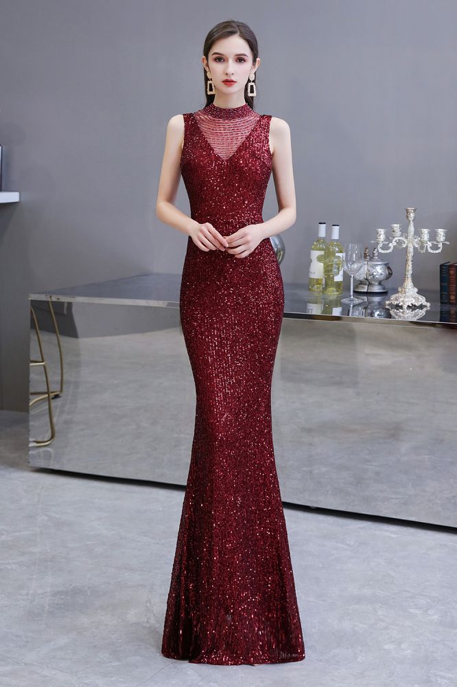 Elegant Illusion neck Burgundy Sleeveless Mermaid Prom Party Gowns Elegant Illusion neck Burgundy Sleeveless Mermaid Prom Party Gowns